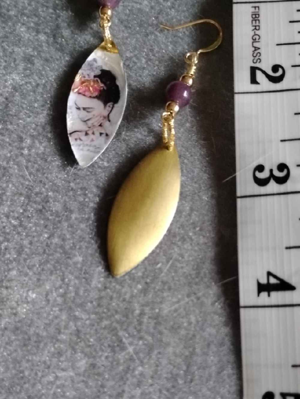 Hand Crafted Frida Kahlo Portrait Dangle Earrings With Purple Quartz and Gold - Picture 5 of 5